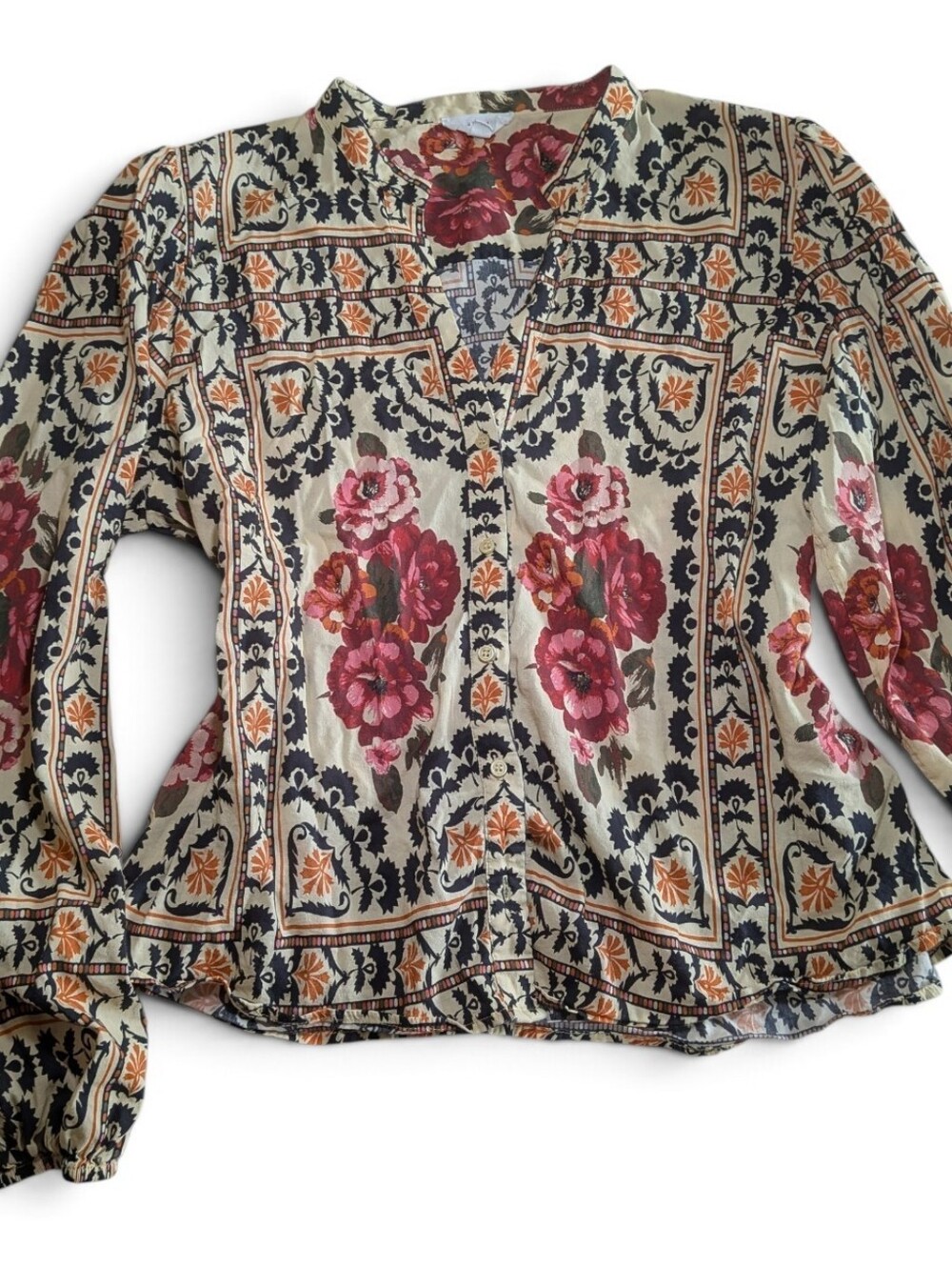 A Loves A Floral Scarf Border Print Balloon Sleeve Peasant Blouse XL